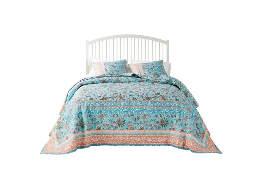 Dill 3pc Queen Bedspread Set, Bohemian Turquoise Floral Microfiber Cotton