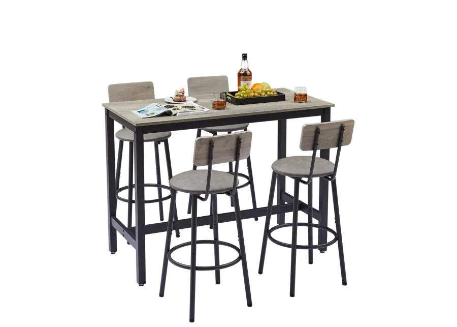 Bar Table Set With 4 Bar Stools PU Soft Seat With Backrest, Grey, 47.24" L X 23.62" W X 35.43"