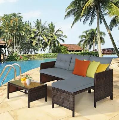 3 Pieces Outdoor Patio Corner Rattan Sofa Set-Grey