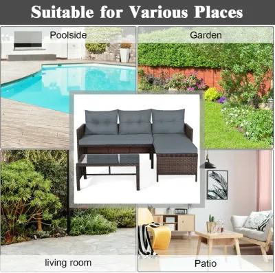 3 Pieces Outdoor Patio Corner Rattan Sofa Set-Grey