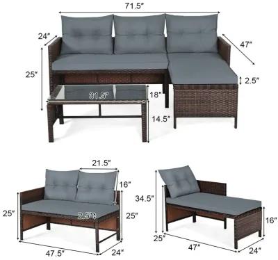 3 Pieces Outdoor Patio Corner Rattan Sofa Set-Grey