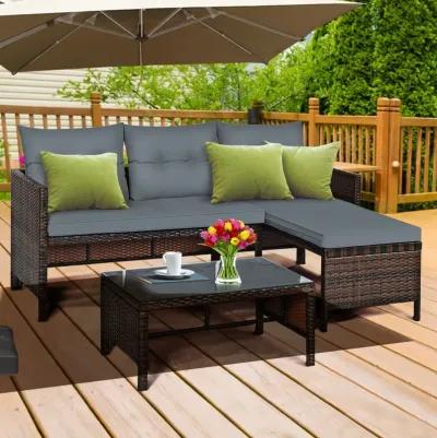 3 Pieces Outdoor Patio Corner Rattan Sofa Set-Grey