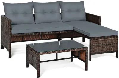 3 Pieces Outdoor Patio Corner Rattan Sofa Set-Grey