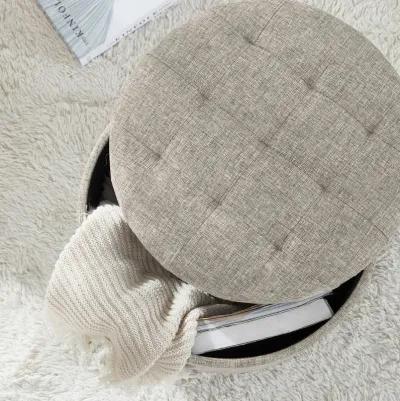 Donovan Round Tufted Linen Storage Ottoman - Beige