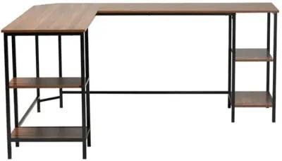 Walnut Brown Finished Wood and Black Metal L-Shaped Corner Desk with Shelves