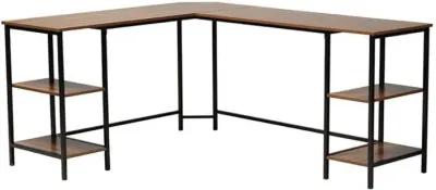 Walnut Brown Finished Wood and Black Metal L-Shaped Corner Desk with Shelves