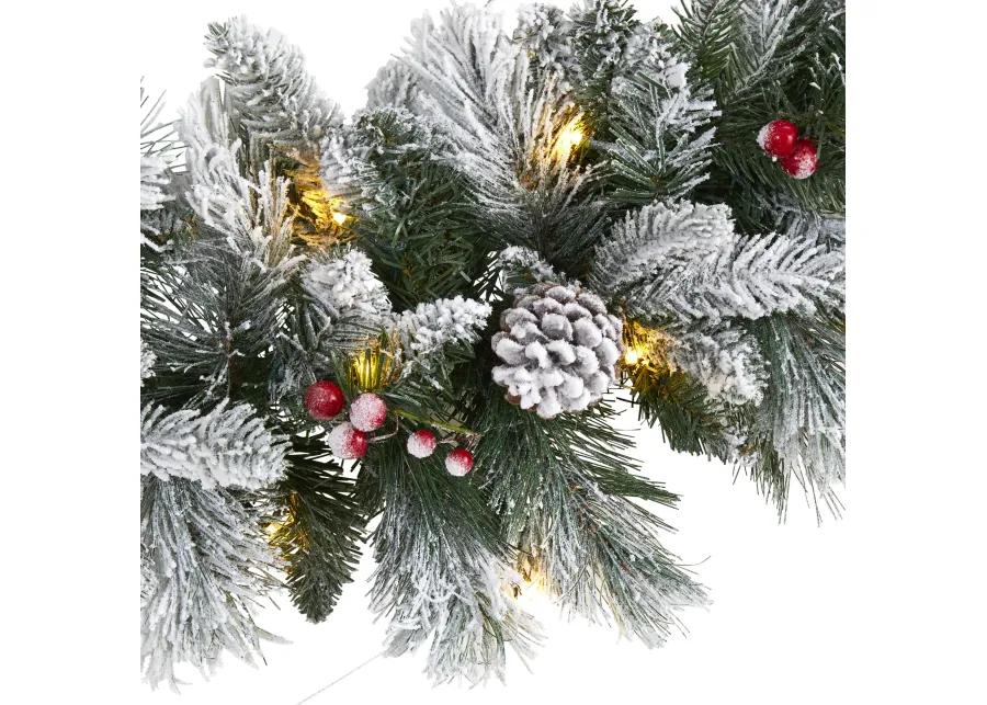 HomPlanti 6" Flocked Mixed Pine Artificial Christmas Garland with 50 LED Lights, Pine Cones and Berries