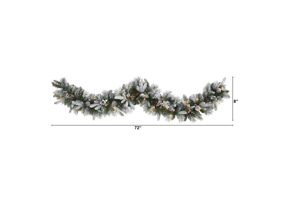 HomPlanti 6" Flocked Mixed Pine Artificial Christmas Garland with 50 LED Lights, Pine Cones and Berries