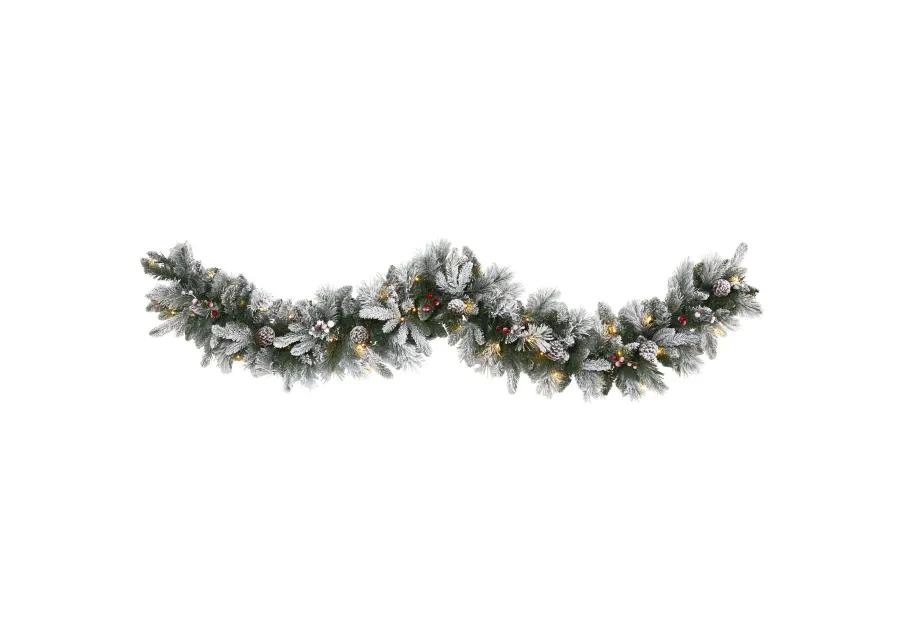 HomPlanti 6" Flocked Mixed Pine Artificial Christmas Garland with 50 LED Lights, Pine Cones and Berries