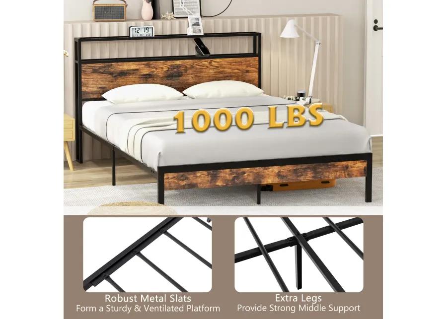 Bed Frame with Storage Headboard and Charging Station