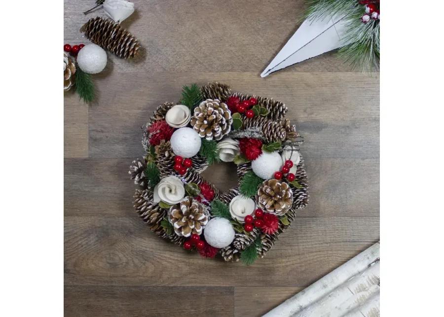 White Wooden Rose  Pine Cone and Berry Artificial Christmas Wreath  10-Inch  Unlit