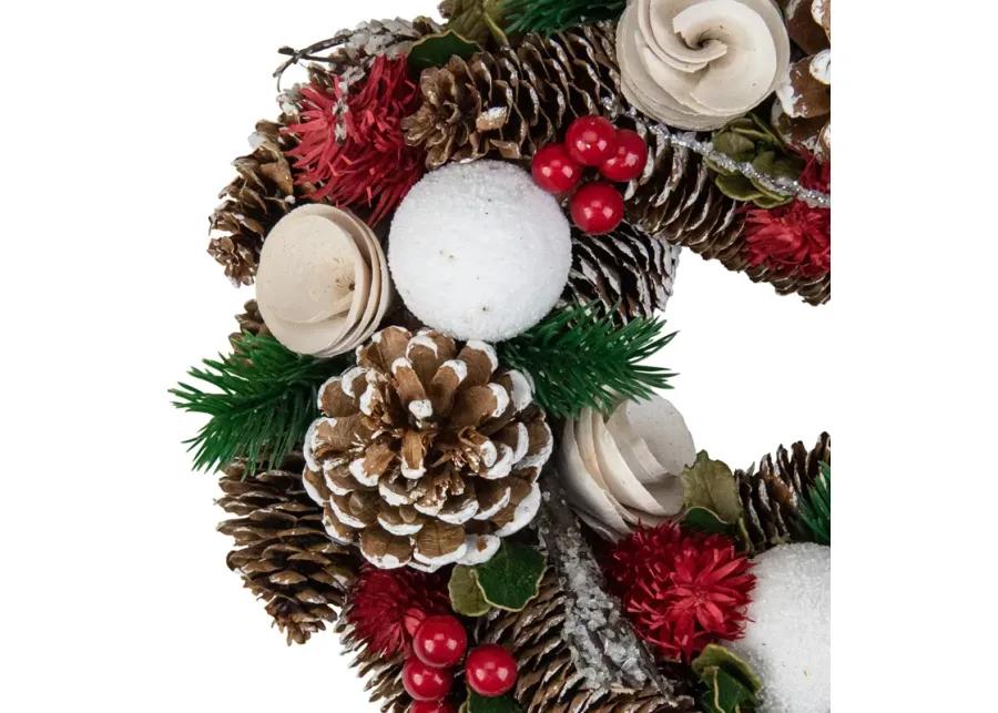 White Wooden Rose  Pine Cone and Berry Artificial Christmas Wreath  10-Inch  Unlit