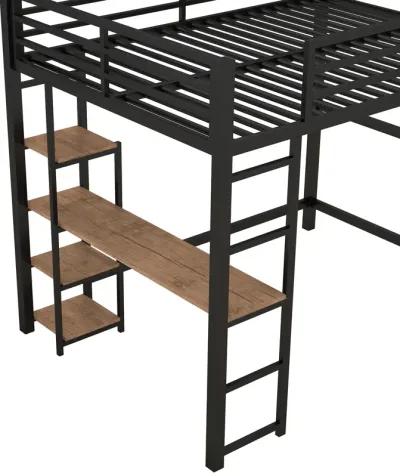 Merax Metal Loft Bed with Built-in Desk and Storage Shelves