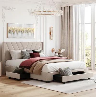 Queen Size Storage Bed Linen Upholstered Platform Bed With 3 Drawers