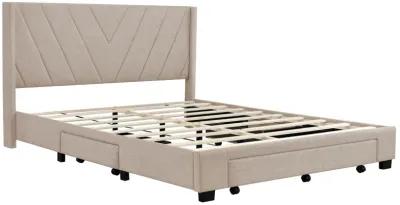 Queen Size Storage Bed Linen Upholstered Platform Bed With 3 Drawers