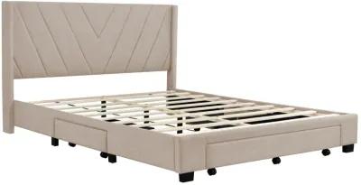 Queen Size Storage Bed Linen Upholstered Platform Bed With 3 Drawers