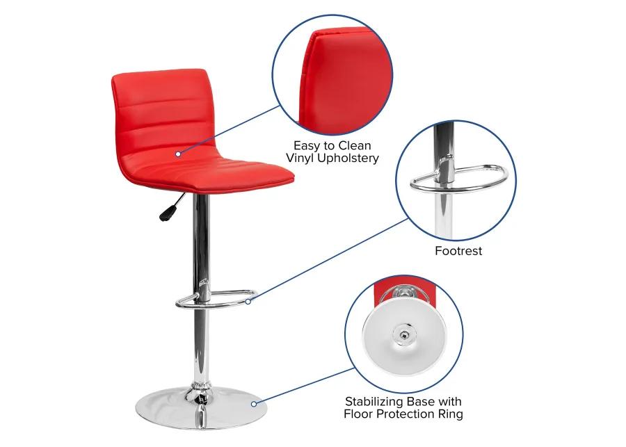 Flash Furniture Vincent Modern Red Vinyl Adjustable Bar Stool with Back, Swivel Stool with Chrome Pedestal Base and Footrest