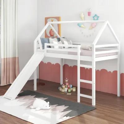 Twin Size Loft Bed with Slide, House Bed with Slide