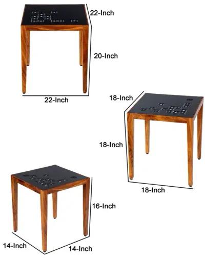 Alba 22 Inch 3 Piece Nesting Table Set, Laser Cut Metal, Black, Brown-Benzara