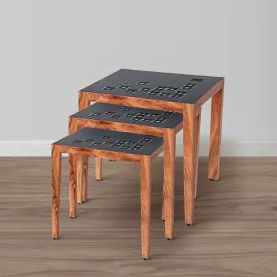 Alba 22 Inch 3 Piece Nesting Table Set, Laser Cut Metal, Black, Brown-Benzara