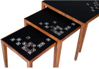 Alba 22 Inch 3 Piece Nesting Table Set, Laser Cut Metal, Black, Brown-Benzara