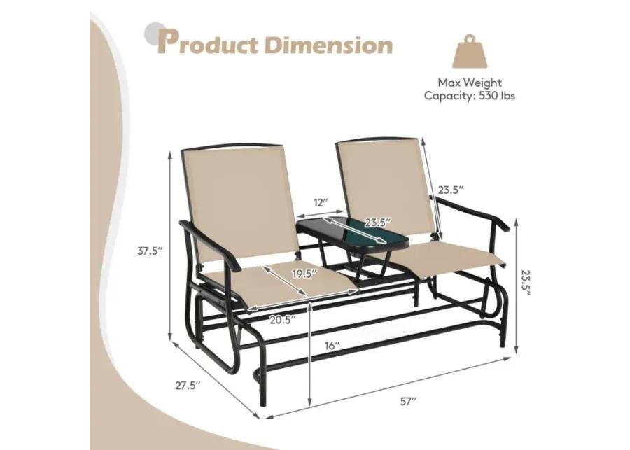 2-Person Double Rocking Loveseat with Mesh Fabric and Center Tempered Glass Table - Beige