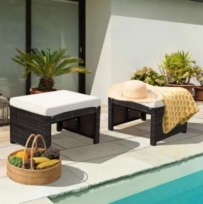 Hivvago 2 Pieces Patio Rattan Ottomans with Soft Cushion for Patio and Garden