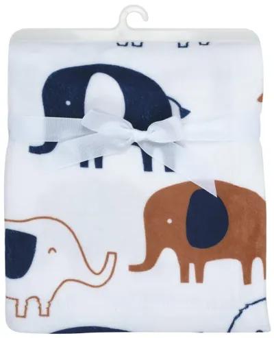 Lambs & Ivy Playful Elephant White/Blue Printed Fleece Baby Blanket