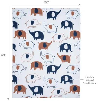 Lambs & Ivy Playful Elephant White/Blue Printed Fleece Baby Blanket