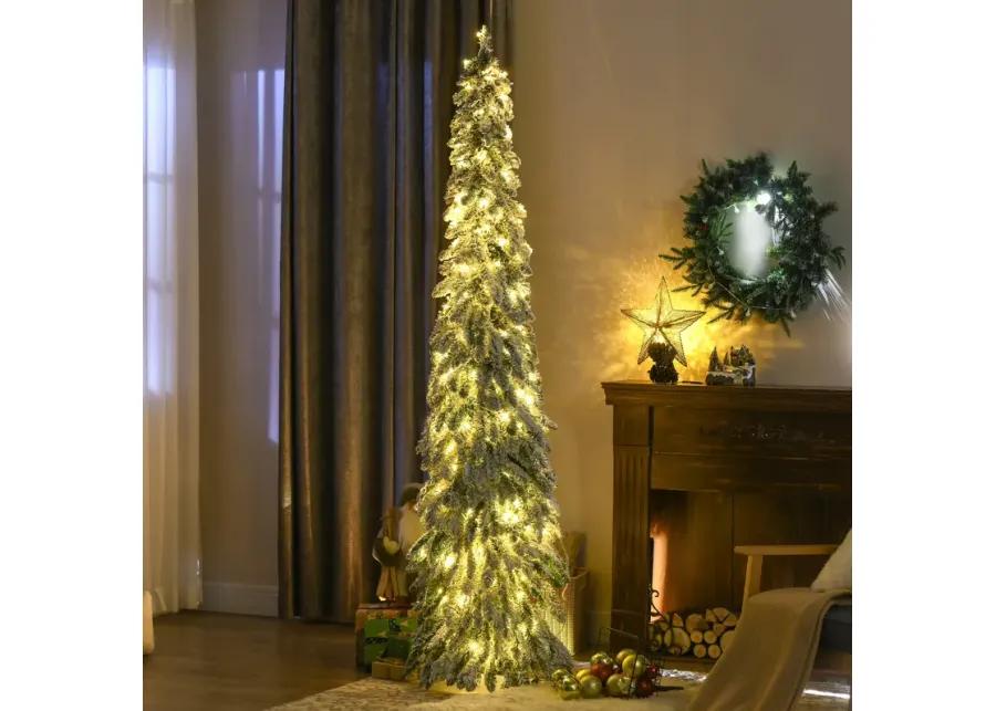 HOMCOM 7' Downswept Slim Snow Artificial Christmas Tree with LED Lights