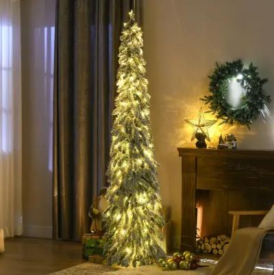 HOMCOM 7' Downswept Slim Snow Artificial Christmas Tree with LED Lights