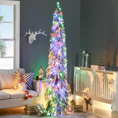 HOMCOM 7' Downswept Slim Snow Artificial Christmas Tree with LED Lights