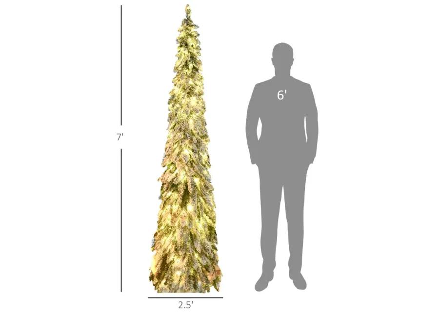 HOMCOM 7' Downswept Slim Snow Artificial Christmas Tree with LED Lights