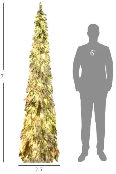 HOMCOM 7' Downswept Slim Snow Artificial Christmas Tree with LED Lights