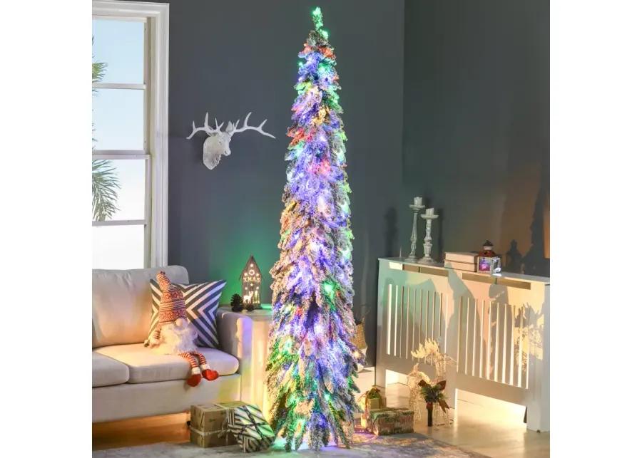 HOMCOM 7' Downswept Slim Snow Artificial Christmas Tree with LED Lights