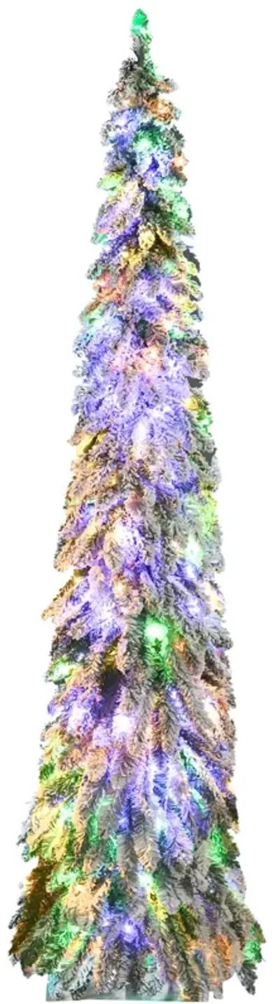 HOMCOM 7' Downswept Slim Snow Artificial Christmas Tree with LED Lights