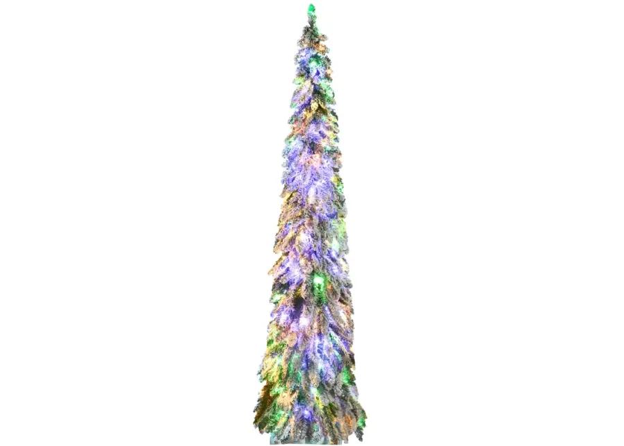 HOMCOM 7' Downswept Slim Snow Artificial Christmas Tree with LED Lights