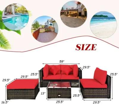 Hivvago 5 Pcs Outdoor Patio Rattan Furniture Set Sectional Conversation with Navy Cushions