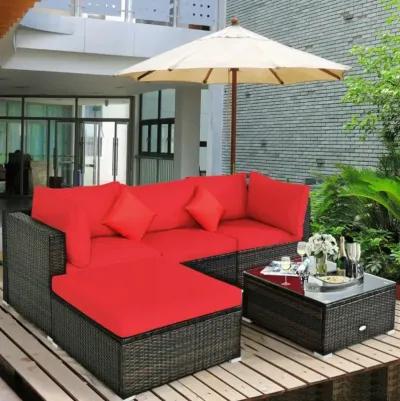 Hivvago 5 Pcs Outdoor Patio Rattan Furniture Set Sectional Conversation with Navy Cushions