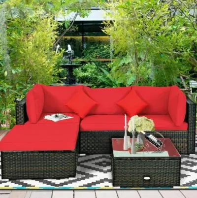 Hivvago 5 Pcs Outdoor Patio Rattan Furniture Set Sectional Conversation with Navy Cushions