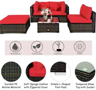 Hivvago 5 Pcs Outdoor Patio Rattan Furniture Set Sectional Conversation with Navy Cushions