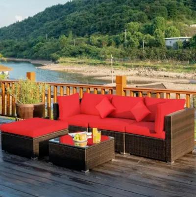 Hivvago 5 Pcs Outdoor Patio Rattan Furniture Set Sectional Conversation with Navy Cushions