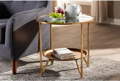 Antique Gold Finished Metal and Mirrored Glass Accent Table with Tray Shelf