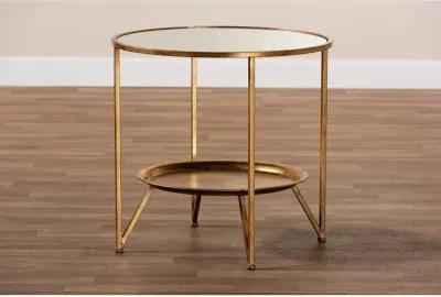 Antique Gold Finished Metal and Mirrored Glass Accent Table with Tray Shelf