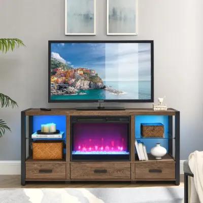 60 Inch Electric Fireplace Media TV Stand With Sync Colorful LED Lights