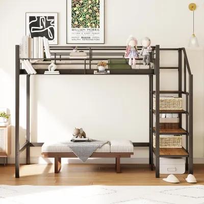 Merax Metal Loft Bed with Storage Shelves