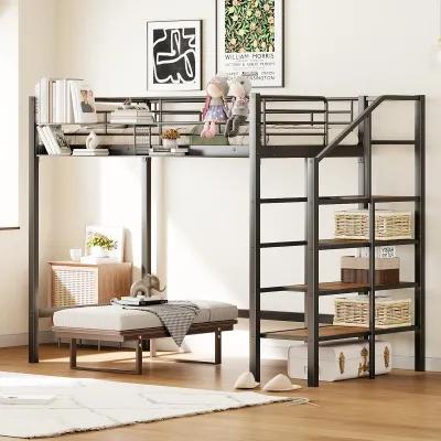 Merax Metal Loft Bed with Storage Shelves