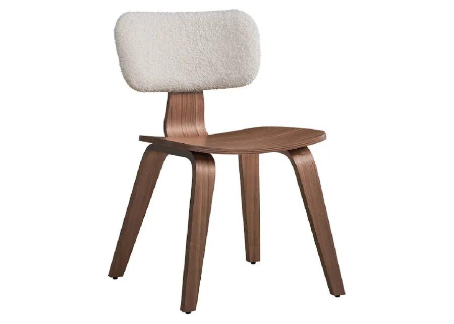 Aon 22 Inch Side Dining Chair Set of 2, Curved, White Boucle, Walnut Brown - Benzara