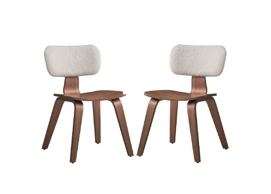 Aon 22 Inch Side Dining Chair Set of 2, Curved, White Boucle, Walnut Brown - Benzara