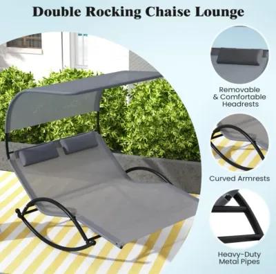 Hivvago Outdoor Dual Rocker Sunbed 2-Person Canopied Patio Lounger with Detachable Headrests